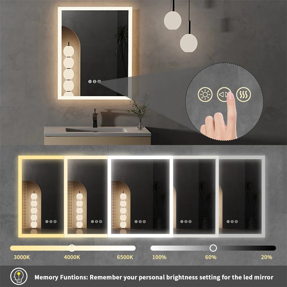 LUVODI LED Mirror Bathroom Wall Mounted Smart Touch Vanity Makeup Mirror with 3 Color Dimmable Defog