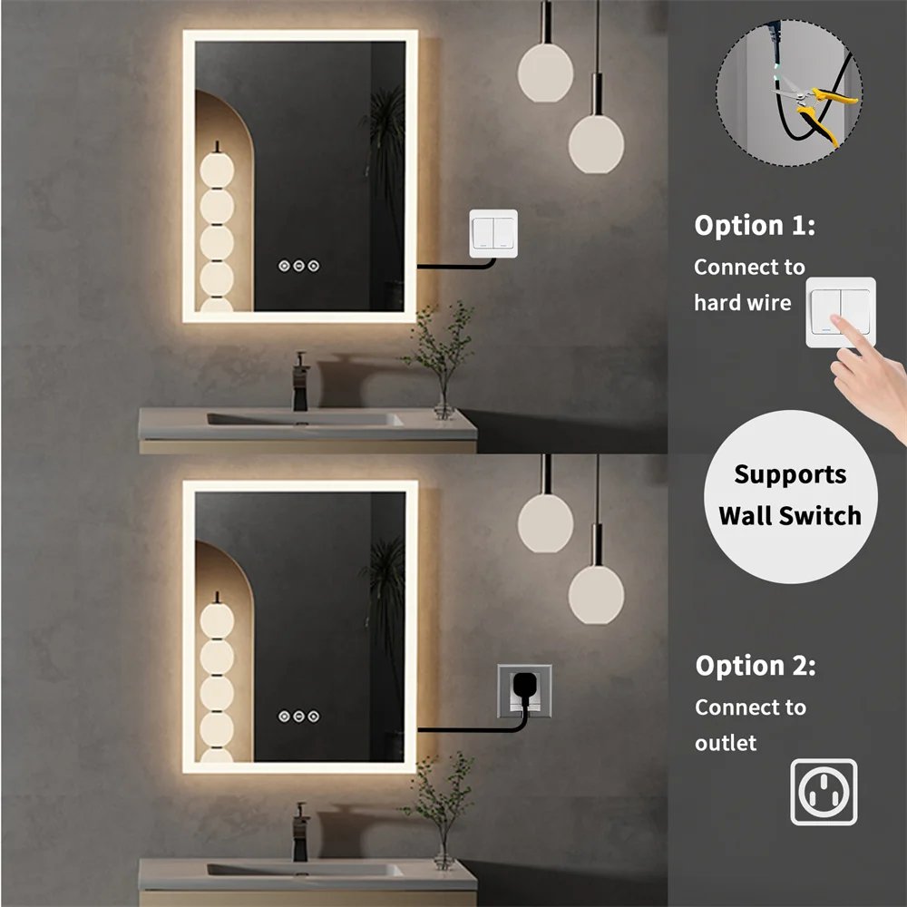 LUVODI LED Mirror Bathroom Wall Mounted Smart Touch Vanity Makeup Mirror with 3 Color Dimmable Defog