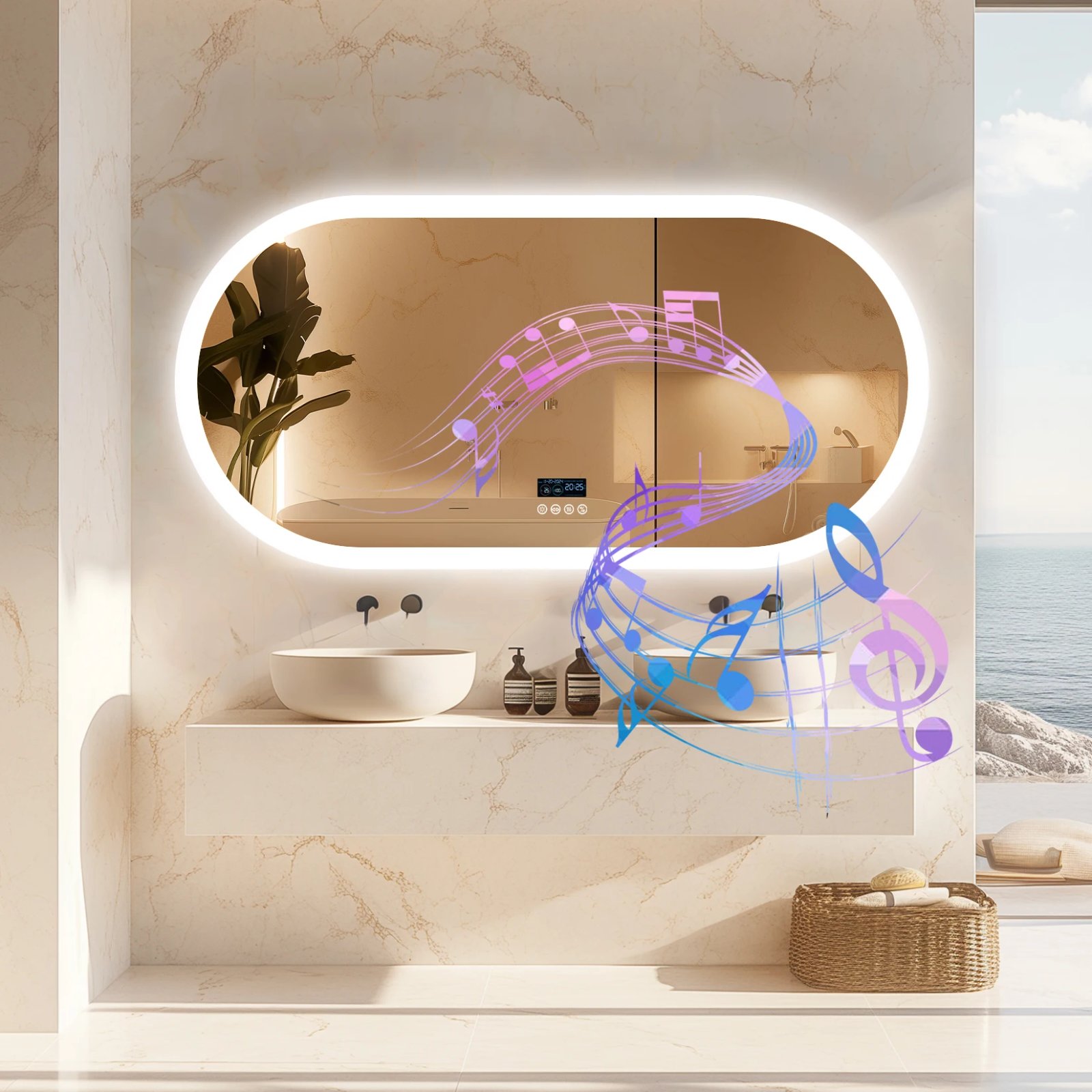 LED Lighted Bathroom Mirror with Bluetooth Speaker Smart LED Vanity Makeup Wall Mounted Mirrors 3 Lights Setting Anti-Fog RBG