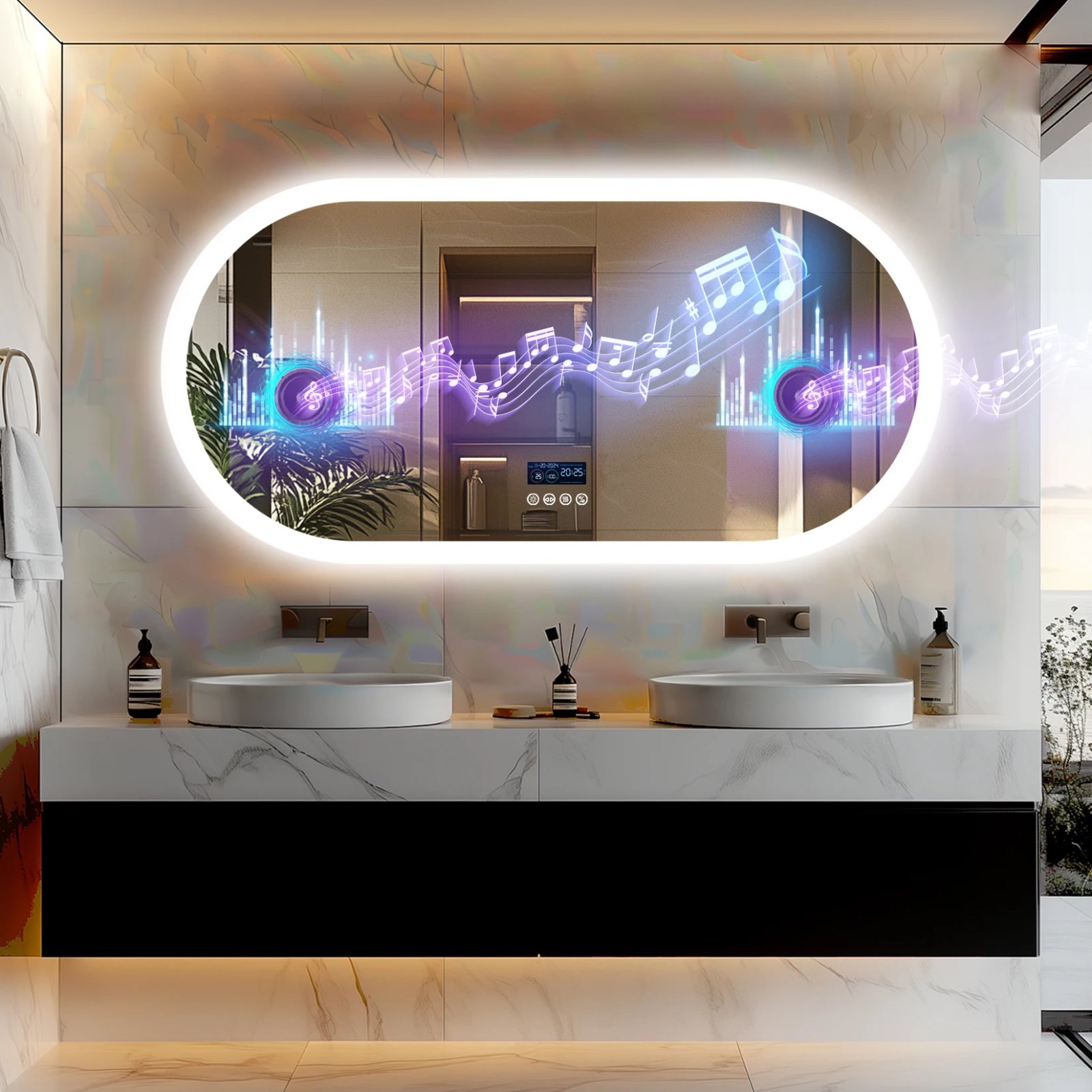 LED Lighted Bathroom Mirror with Bluetooth Speaker Smart LED Vanity Makeup Wall Mounted Mirrors 3 Lights Setting Anti-Fog RBG