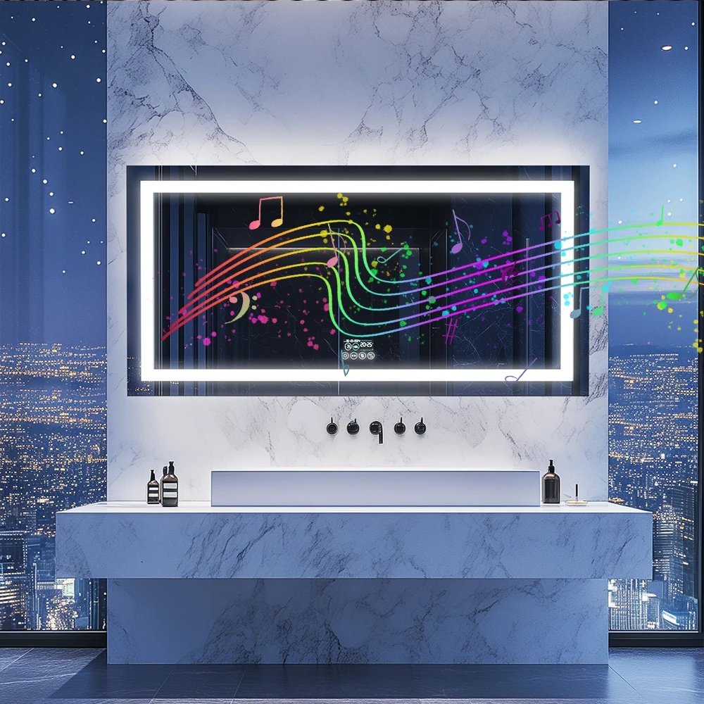 LED Lighted Bathroom Mirror with Bluetooth Speaker Smart LED Vanity Makeup Wall Mounted Mirrors 3 Lights Setting Anti-Fog RBG