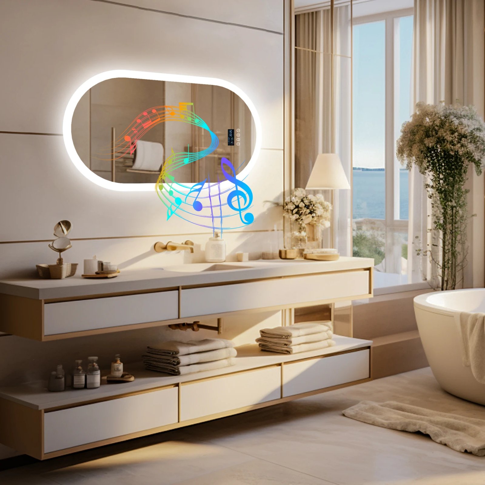 LED Lighted Bathroom Mirror with Bluetooth Speaker Smart LED Vanity Makeup Wall Mounted Mirrors 3 Lights Setting Anti-Fog RBG