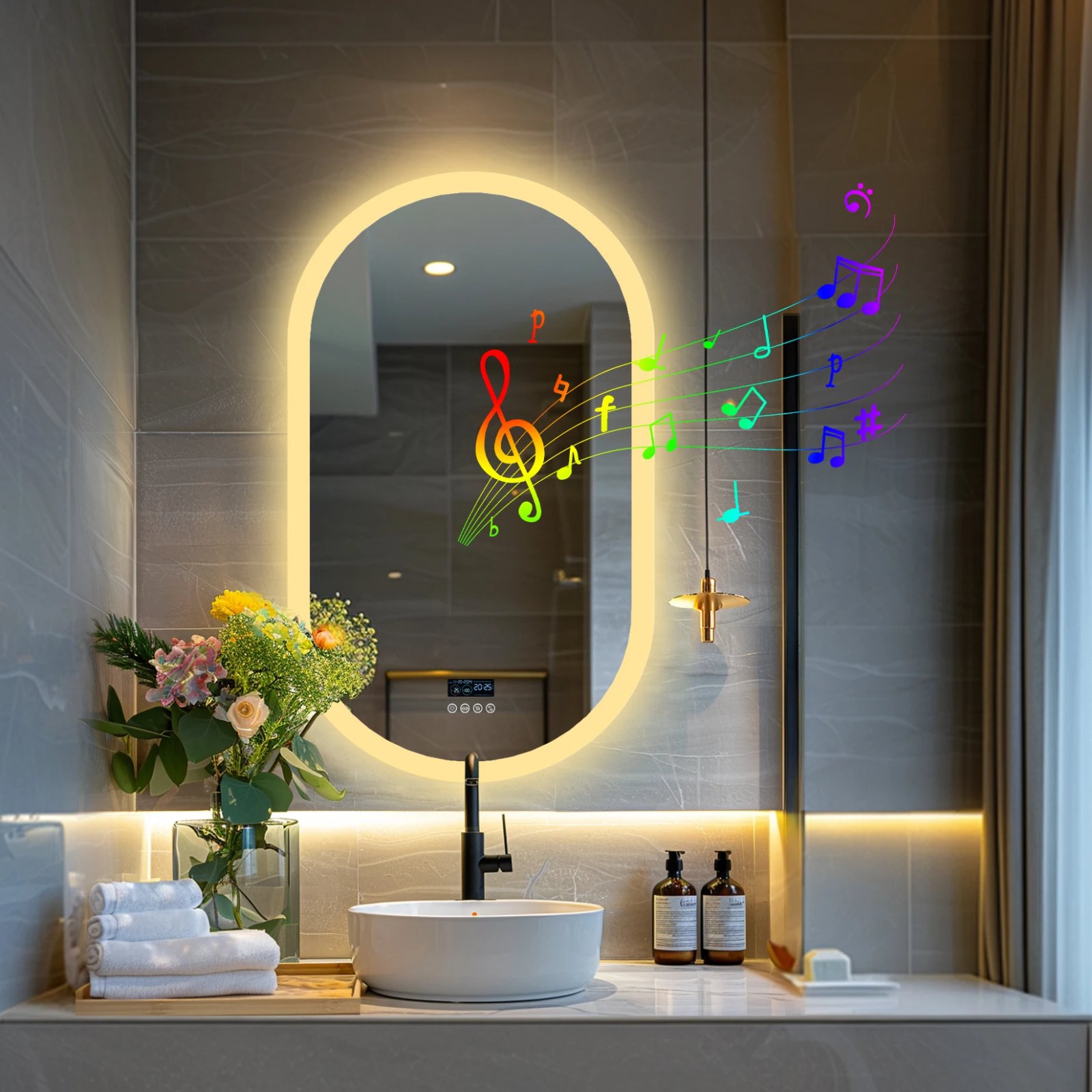 LED Lighted Bathroom Mirror with Bluetooth Speaker Smart LED Vanity Makeup Wall Mounted Mirrors 3 Lights Setting Anti-Fog RBG