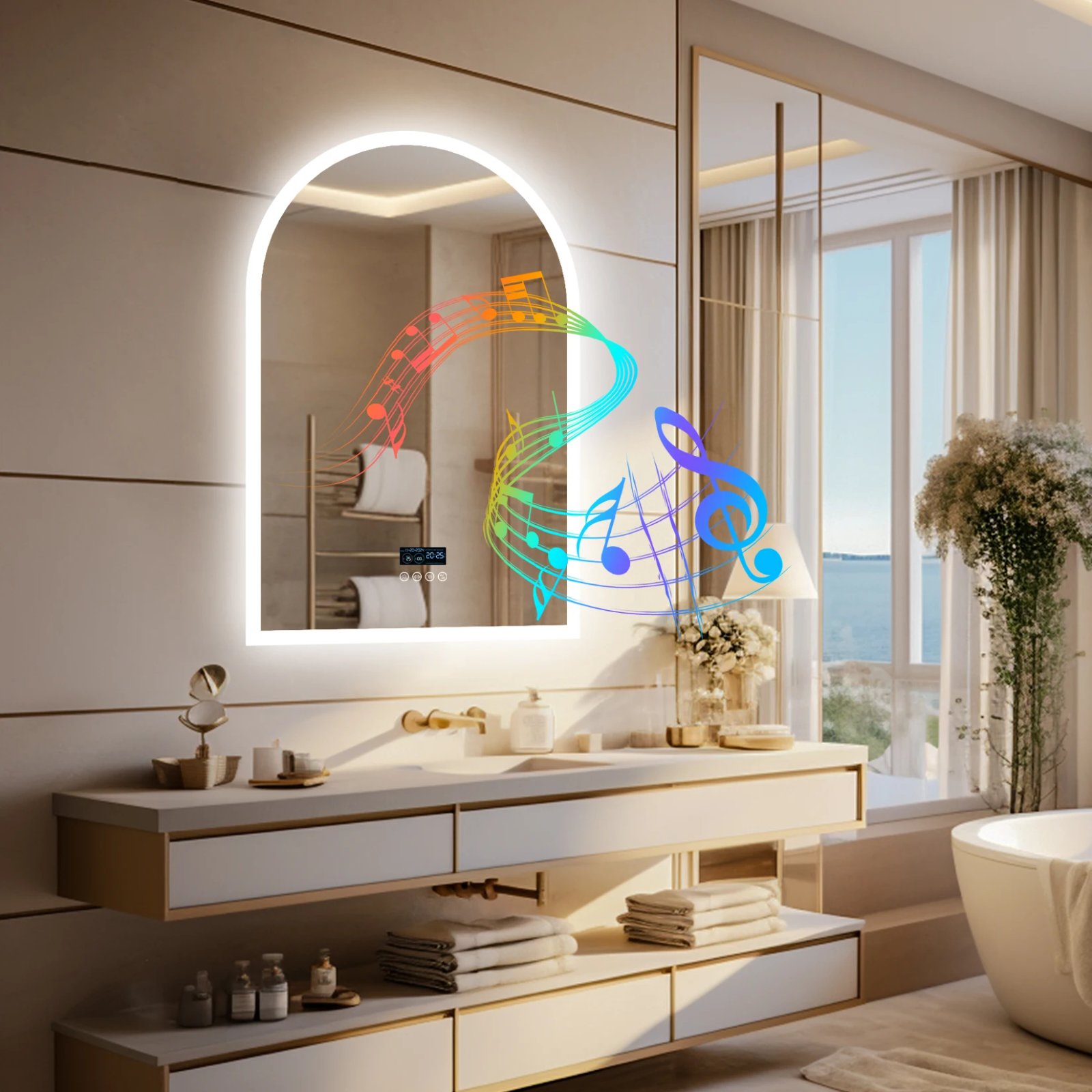 LED Lighted Bathroom Mirror with Bluetooth Speaker Smart LED Vanity Makeup Wall Mounted Mirrors 3 Lights Setting Anti-Fog RBG