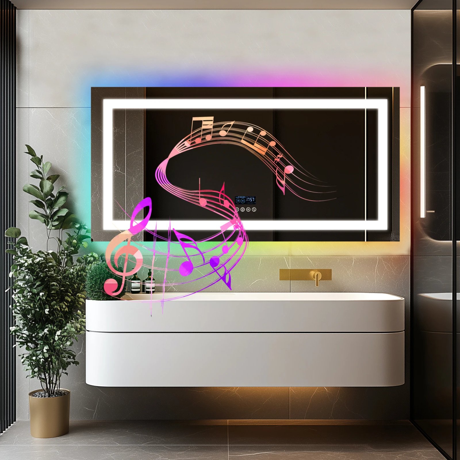 LED Lighted Bathroom Mirror with Bluetooth Speaker Smart LED Vanity Makeup Wall Mounted Mirrors 3 Lights Setting Anti-Fog RBG