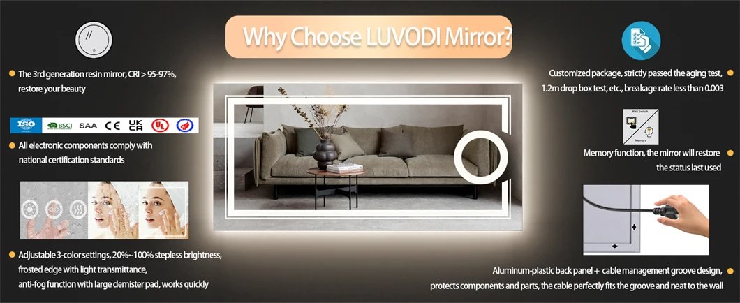 Large Bathroom Mirror LED Magnifying Wall Vanity Mirror with Demisting, Smart Touch Backlit & Front, Memory Light Dimmable