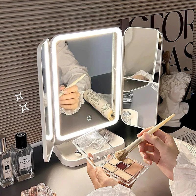 Dual Door 3-Fold Makeup Mirror with LED Lights, Touch Control Vanity Mirror with 360° Rotation, for Home Dorm Desktop wholesale