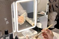 Dual Door 3-Fold Makeup Mirror with LED Lights, Touch Control Vanity Mirror with 360° Rotation, for Home Dorm Desktop wholesale