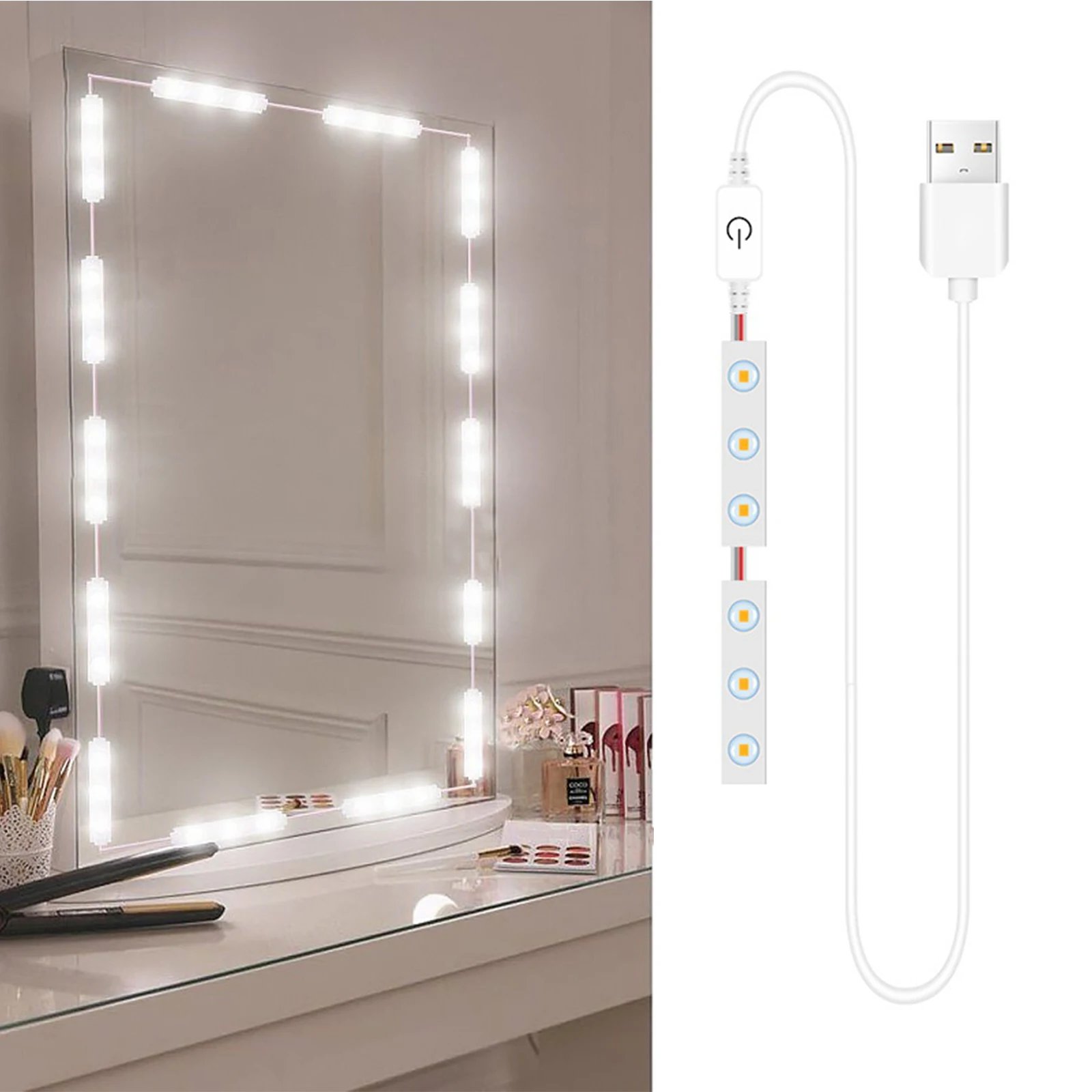 LED Makeup Mirror Lights 6/18/30/42 LEDs Dimmable Touch Control Vanity Bathroom Dresser Mirror Light with USB Cable Strip Lights
