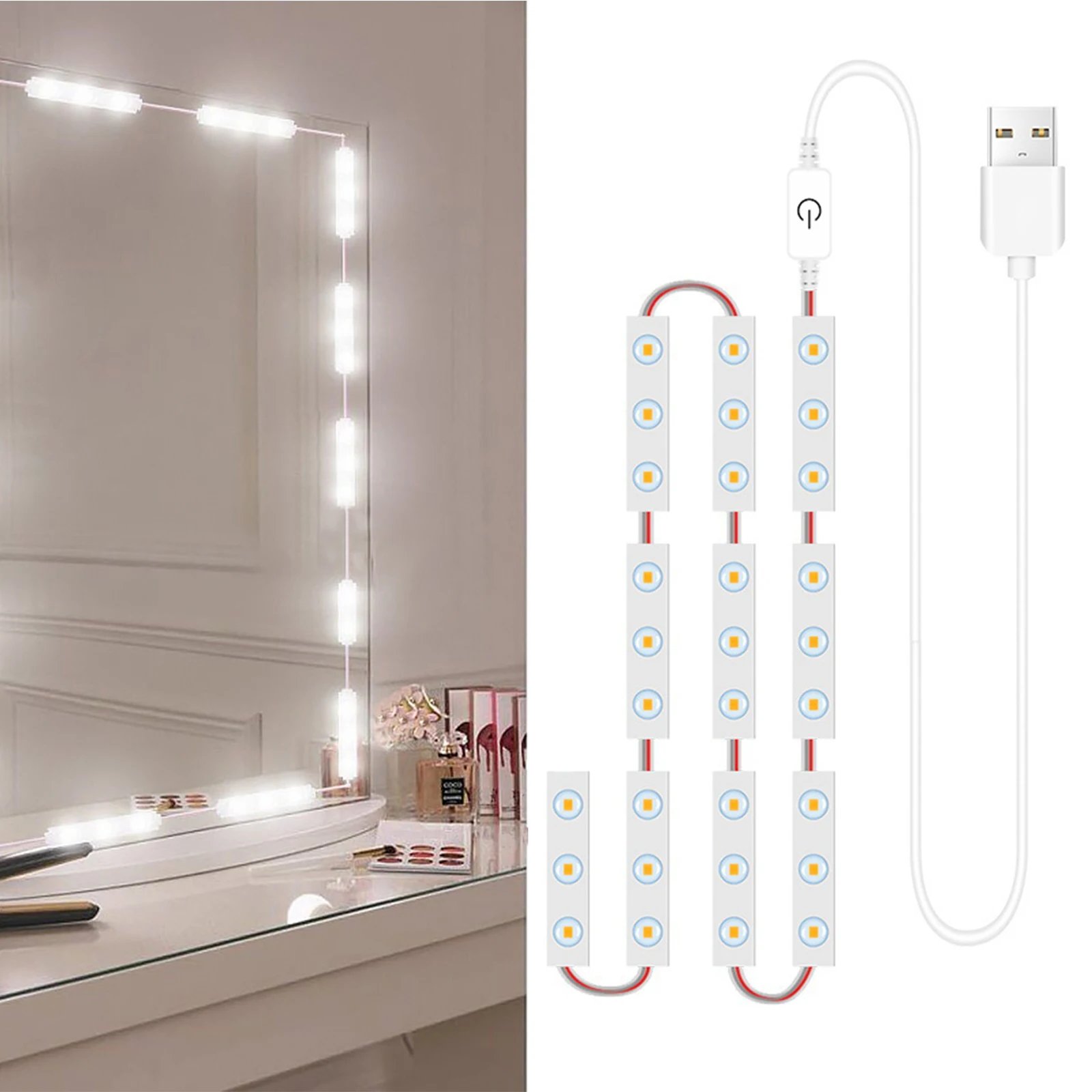 LED Makeup Mirror Lights 6/18/30/42 LEDs Dimmable Touch Control Vanity Bathroom Dresser Mirror Light with USB Cable Strip Lights
