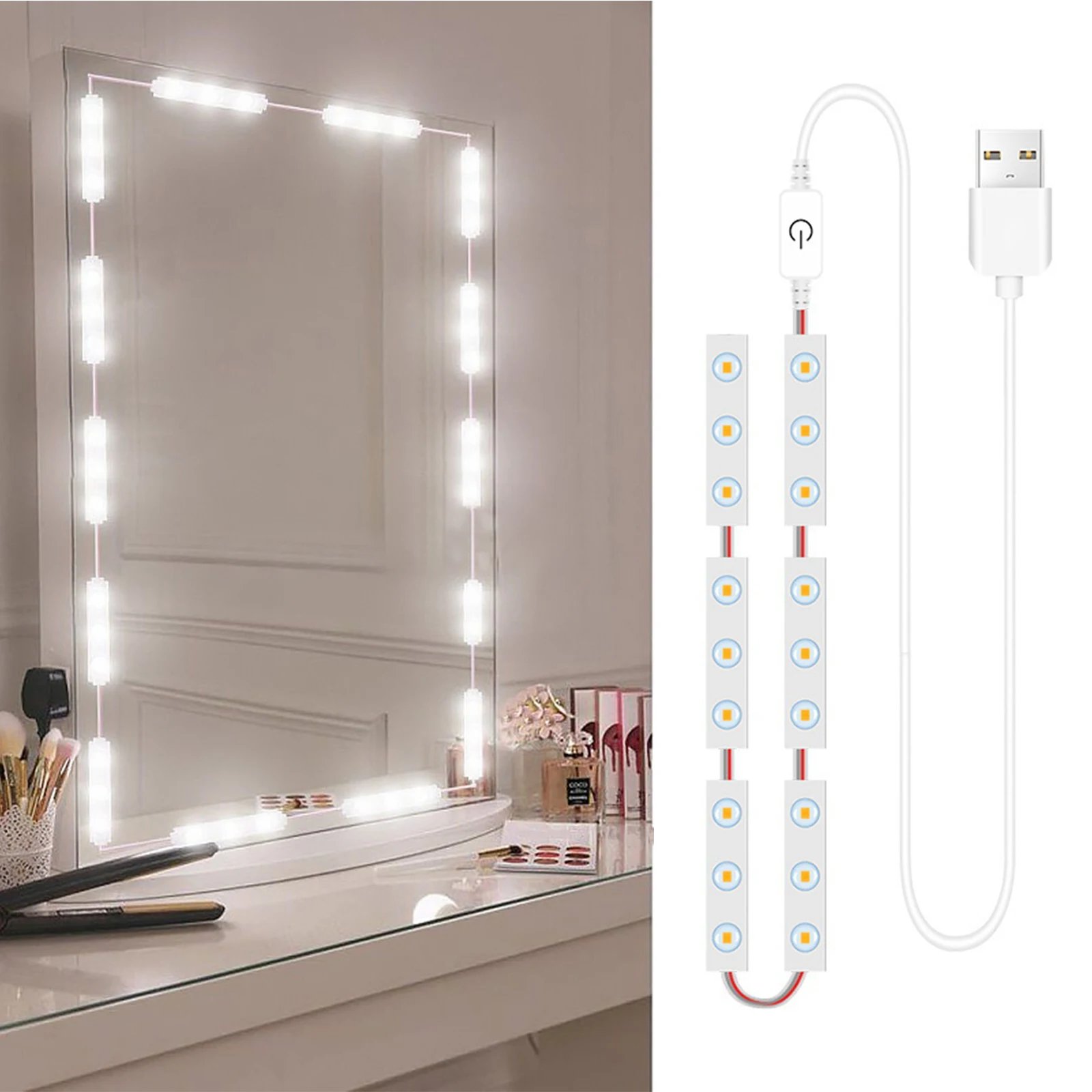 LED Makeup Mirror Lights 6/18/30/42 LEDs Dimmable Touch Control Vanity Bathroom Dresser Mirror Light with USB Cable Strip Lights