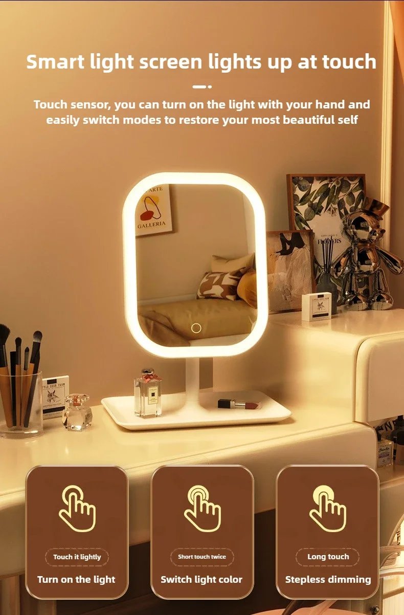 1~2PCS Large Square Rotating LED Makeup Mirror - Square Vanity Mirror with Adjustable Lighting for Girls Dormitory & Home Use