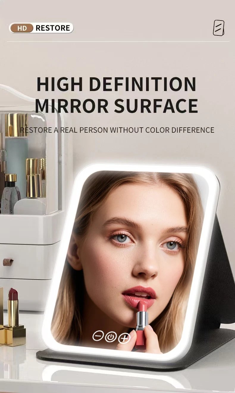 LED Makeup Mirror 3 Colors Light Portable Vanity with Adjustable Brightness USB Charging Foldable for Travel And Home Use
