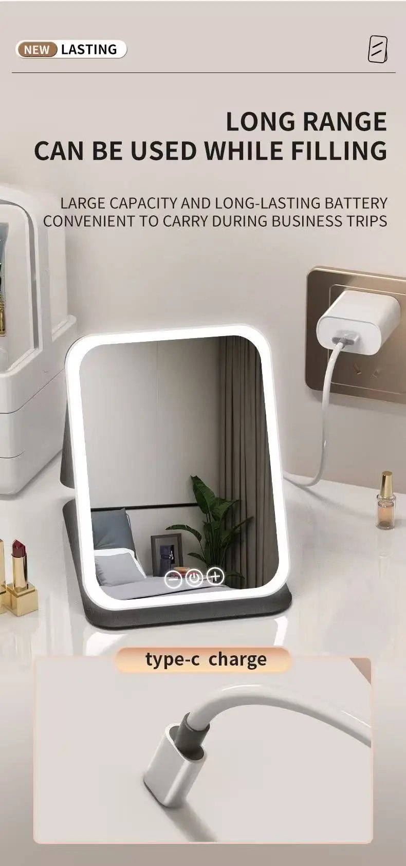 LED Makeup Mirror 3 Colors Light Portable Vanity with Adjustable Brightness USB Charging Foldable for Travel And Home Use