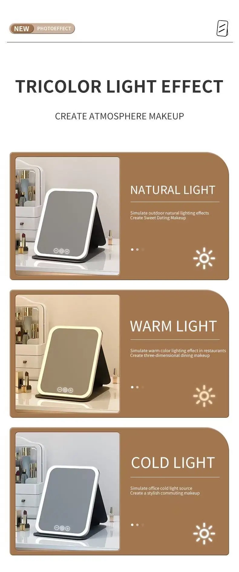 LED Makeup Mirror 3 Colors Light Portable Vanity with Adjustable Brightness USB Charging Foldable for Travel And Home Use