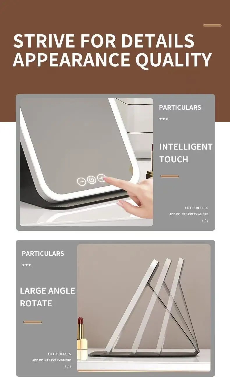 LED Makeup Mirror 3 Colors Light Portable Vanity with Adjustable Brightness USB Charging Foldable for Travel And Home Use