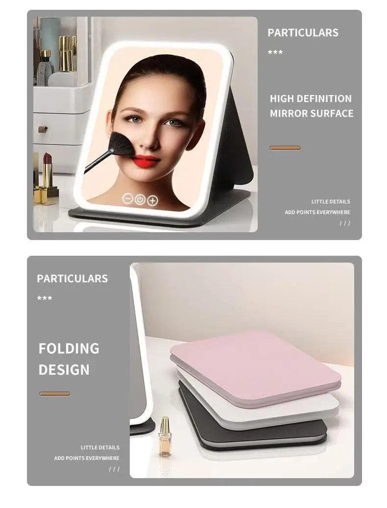 LED Makeup Mirror 3 Colors Light Portable Vanity with Adjustable Brightness USB Charging Foldable for Travel And Home Use