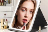 LED Makeup Mirror 3 Colors Light Portable Vanity with Adjustable Brightness USB Charging Foldable for Travel And Home Use