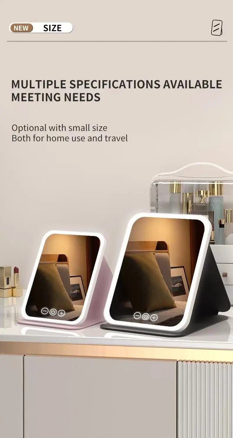LED Makeup Mirror 3 Colors Light Portable Vanity with Adjustable Brightness USB Charging Foldable for Travel And Home Use