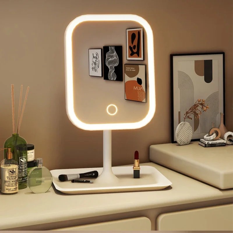 Niche Modern Desktop Vanity Mirror 3 Color Light LED Makeup Touching Mirror Women Bedroom Dressing Mirror