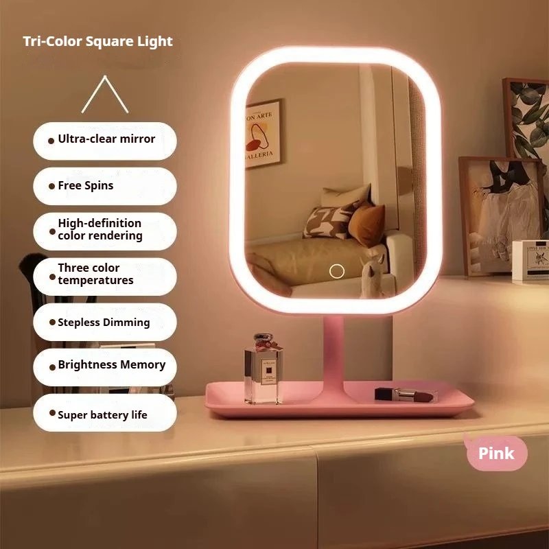 Niche Modern Desktop Vanity Mirror 3 Color Light LED Makeup Touching Mirror Women Bedroom Dressing Mirror