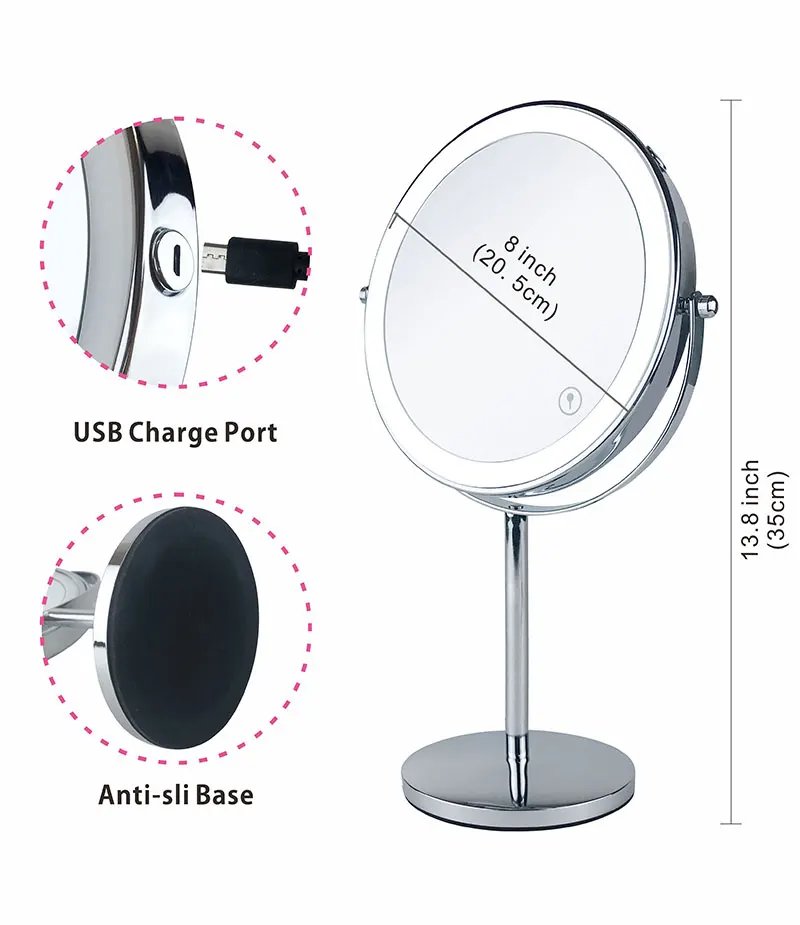 8inch 10X Magnifying LED Makeup Mirror with 3 Color Light Touch Switch Double Side USB Charging Desktop Vanity Cosmetic Mirror