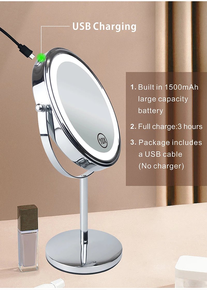 8inch 10X Magnifying LED Makeup Mirror with 3 Color Light Touch Switch Double Side USB Charging Desktop Vanity Cosmetic Mirror