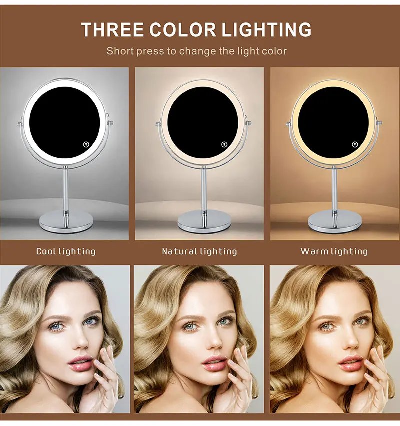 8inch 10X Magnifying LED Makeup Mirror with 3 Color Light Touch Switch Double Side USB Charging Desktop Vanity Cosmetic Mirror