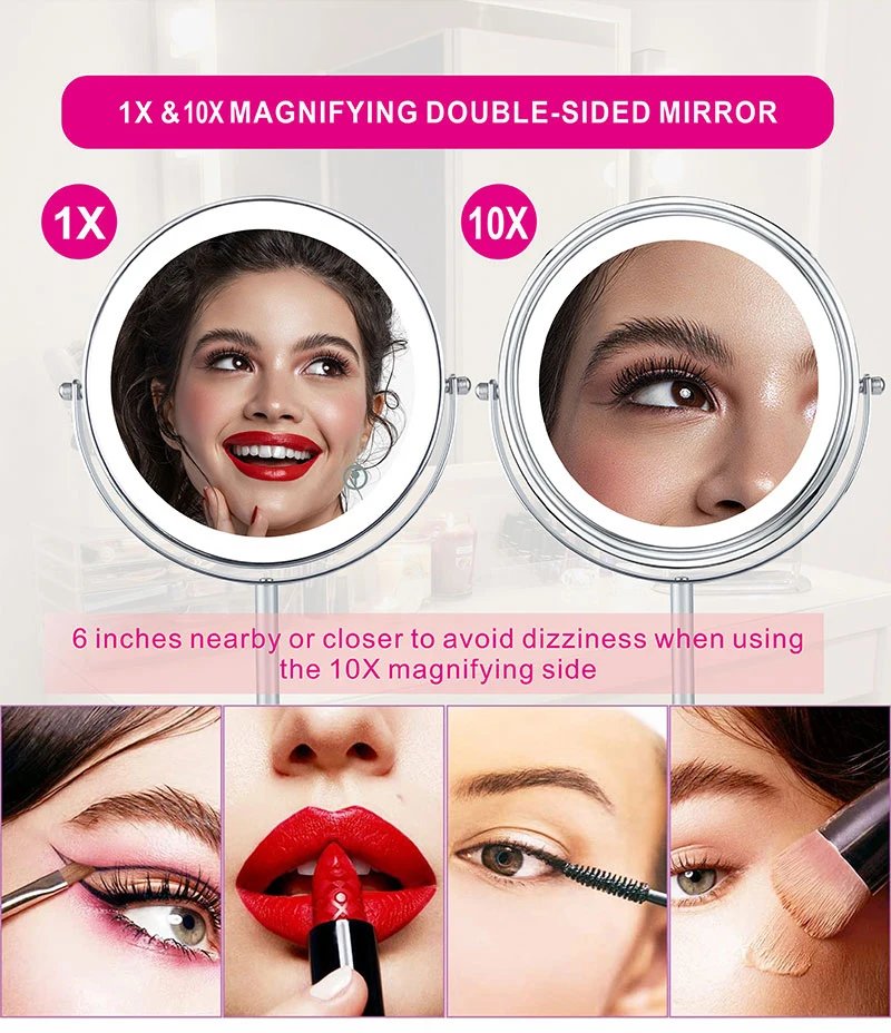 8inch 10X Magnifying LED Makeup Mirror with 3 Color Light Touch Switch Double Side USB Charging Desktop Vanity Cosmetic Mirror