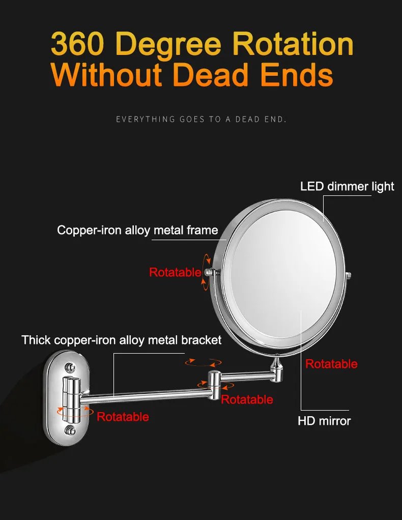 Wall Folding Makeup HD Mirror Double Side Fill Light Magnifying USB Charging Led Tricolor Dimming Bathroom Cosmetic Mirrors