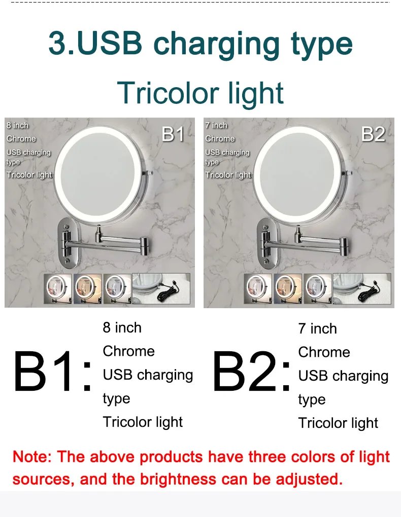 Wall Folding Makeup HD Mirror Double Side Fill Light Magnifying USB Charging Led Tricolor Dimming Bathroom Cosmetic Mirrors