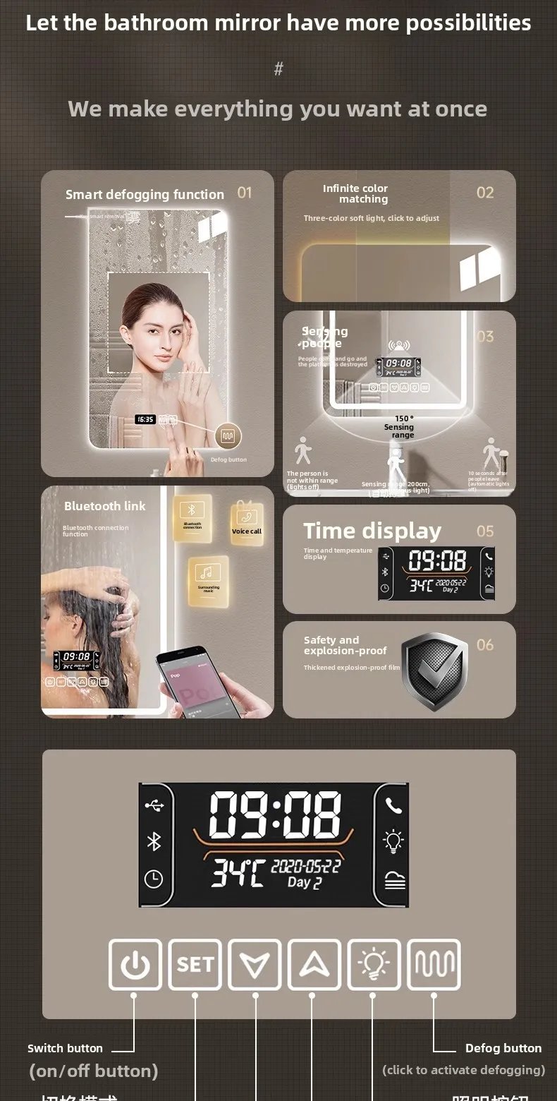 New Smart Mirror Wall Hanging LED High Definition Induction Anti-fog Bathroom Mirror Touch Screen 23.5 * 15.5 Inches Vanity