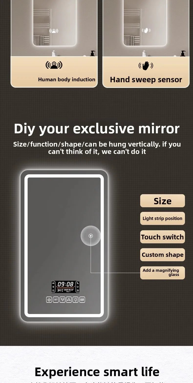 New Smart Mirror Wall Hanging LED High Definition Induction Anti-fog Bathroom Mirror Touch Screen 23.5 * 15.5 Inches Vanity