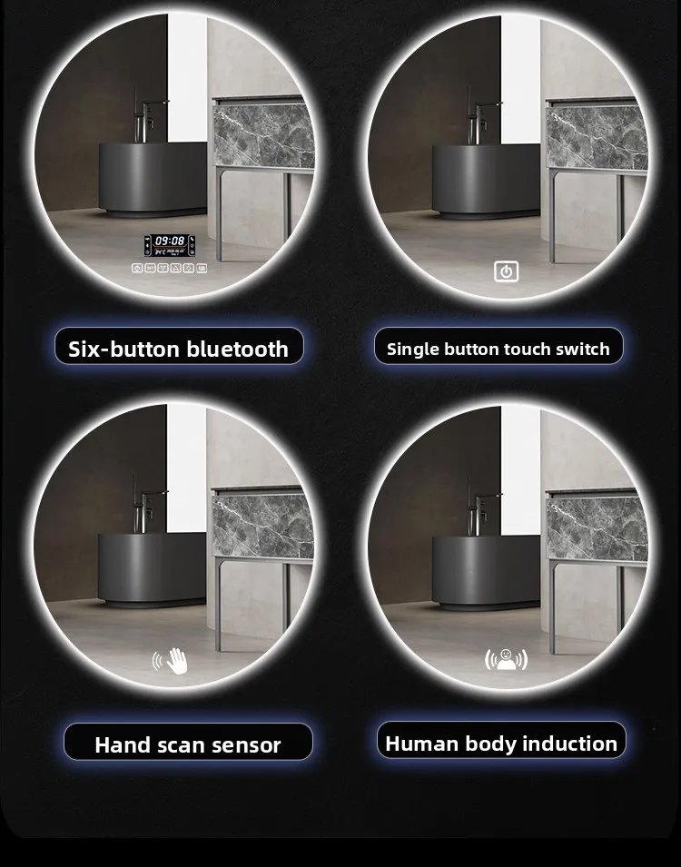 Round Smart Bathroom Mirror Wall-mounted Led with Light Touch Screen Anti-fog Luminous Induction Wall-mounted Round Vanity