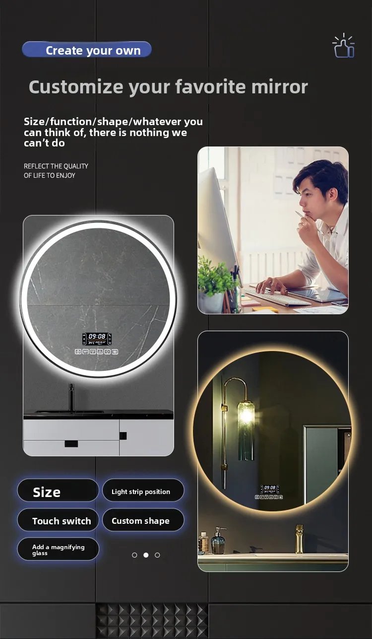 Round Smart Bathroom Mirror Wall-mounted Led with Light Touch Screen Anti-fog Luminous Induction Wall-mounted Round Vanity