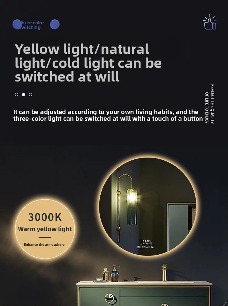 Round Smart Bathroom Mirror Wall-mounted Led with Light Touch Screen Anti-fog Luminous Induction Wall-mounted Round Vanity