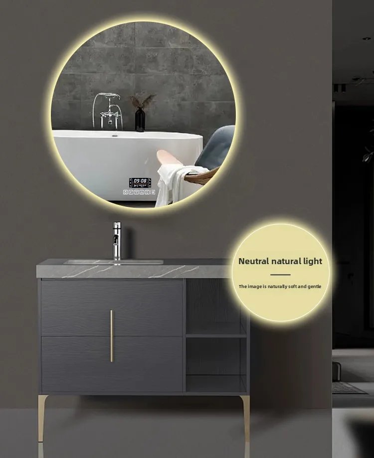 Round Smart Bathroom Mirror Wall-mounted Led with Light Touch Screen Anti-fog Luminous Induction Wall-mounted Round Vanity