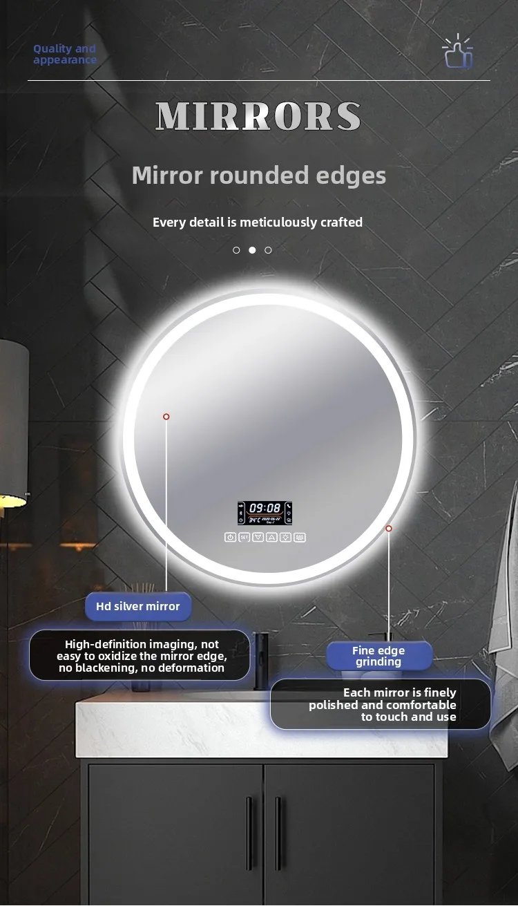 Round Smart Bathroom Mirror Wall-mounted Led with Light Touch Screen Anti-fog Luminous Induction Wall-mounted Round Vanity