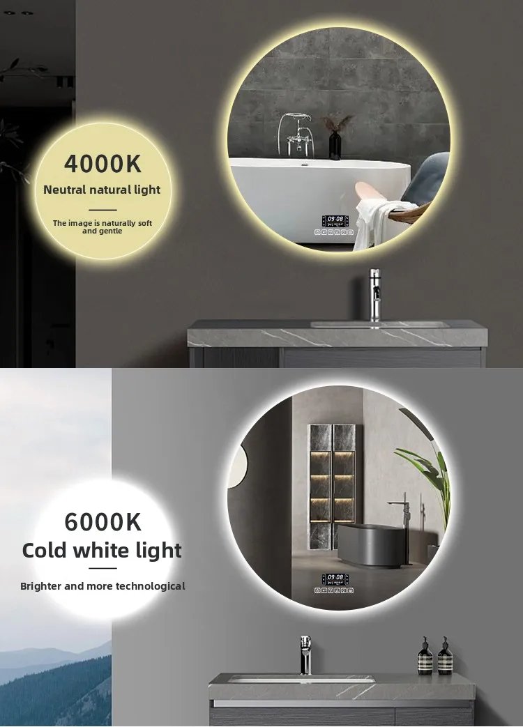 Round Smart Bathroom Mirror Wall-mounted Led with Light Touch Screen Anti-fog Luminous Induction Wall-mounted Round Vanity