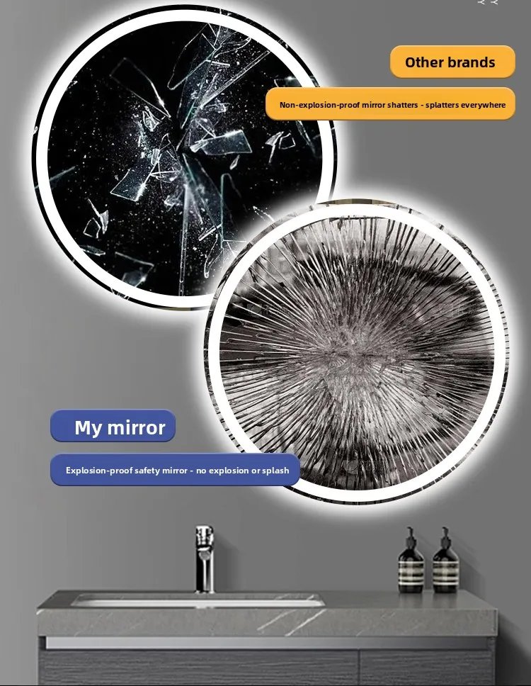 Round Smart Bathroom Mirror Wall-mounted Led with Light Touch Screen Anti-fog Luminous Induction Wall-mounted Round Vanity