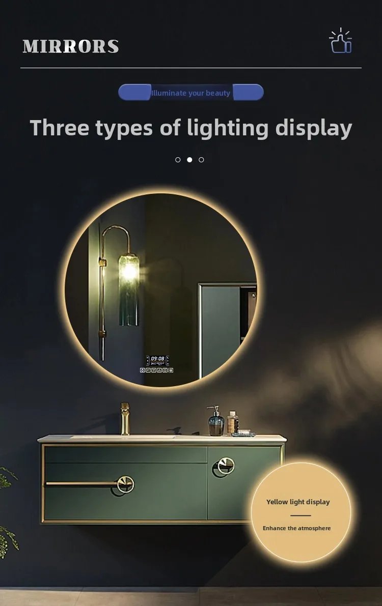 Round Smart Bathroom Mirror Wall-mounted Led with Light Touch Screen Anti-fog Luminous Induction Wall-mounted Round Vanity