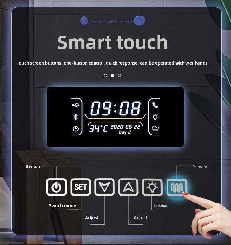 Round Smart Bathroom Mirror Wall-mounted Led with Light Touch Screen Anti-fog Luminous Induction Wall-mounted Round Vanity