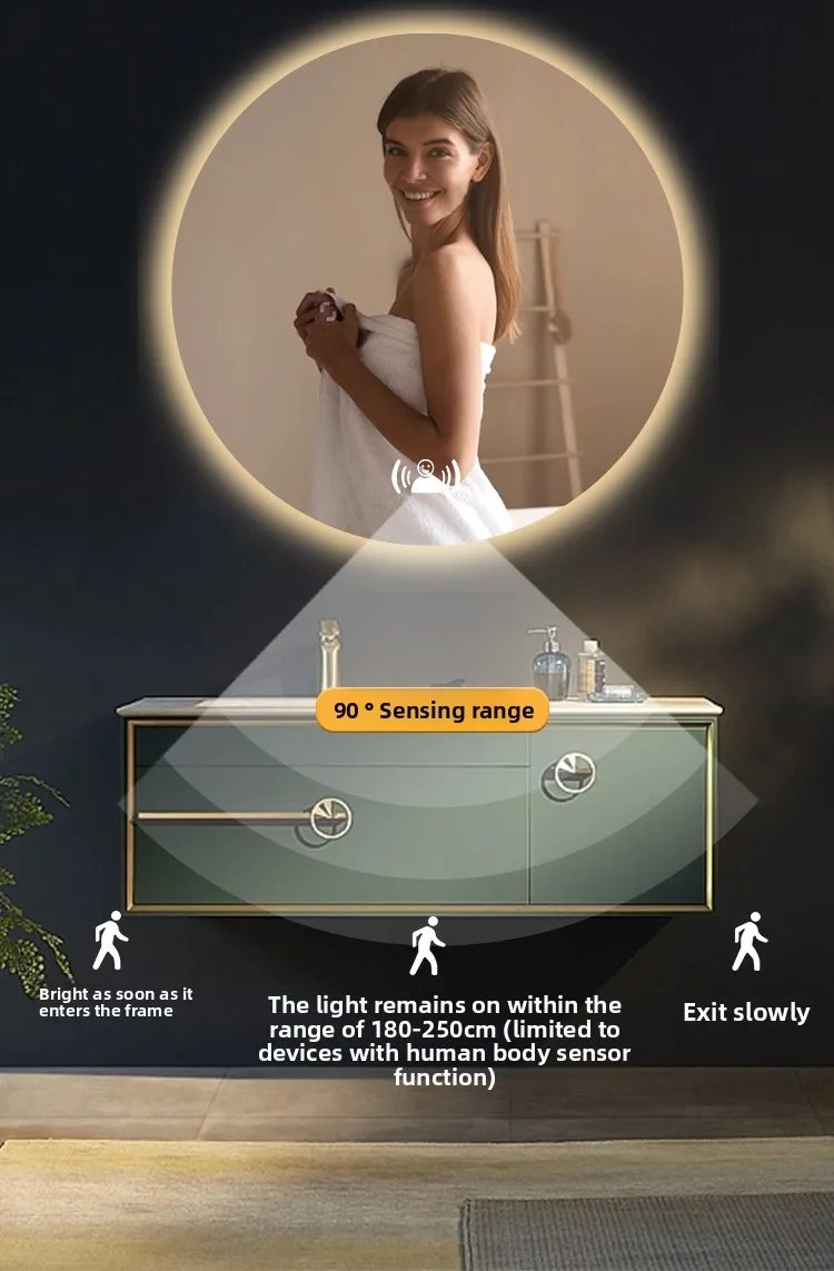 Round Smart Bathroom Mirror Wall-mounted Led with Light Touch Screen Anti-fog Luminous Induction Wall-mounted Round Vanity