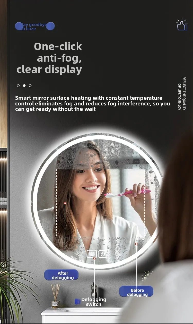 Round Smart Bathroom Mirror Wall-mounted Led with Light Touch Screen Anti-fog Luminous Induction Wall-mounted Round Vanity