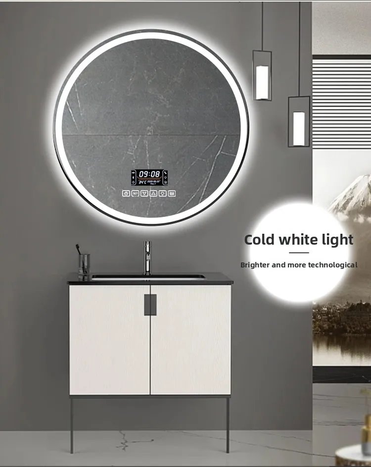 Round Smart Bathroom Mirror Wall-mounted Led with Light Touch Screen Anti-fog Luminous Induction Wall-mounted Round Vanity