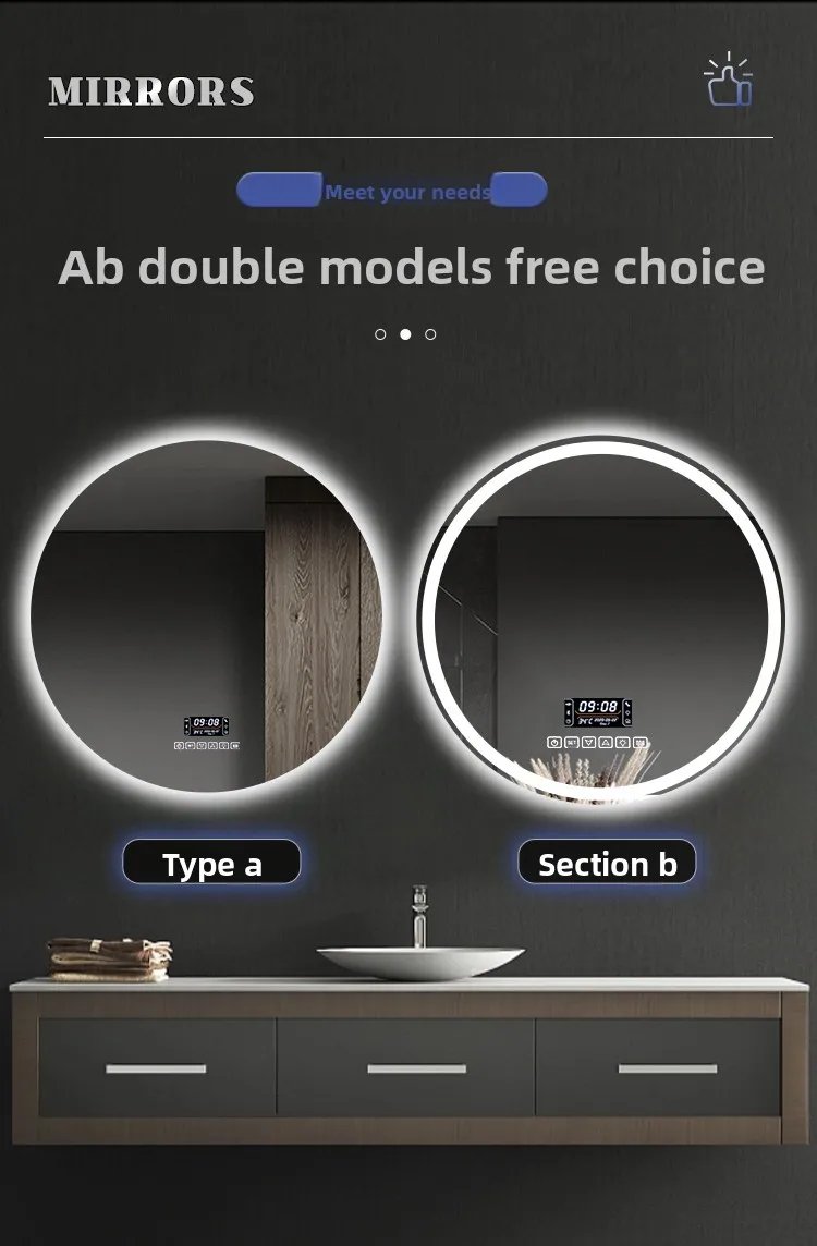 Round Smart Bathroom Mirror Wall-mounted Led with Light Touch Screen Anti-fog Luminous Induction Wall-mounted Round Vanity