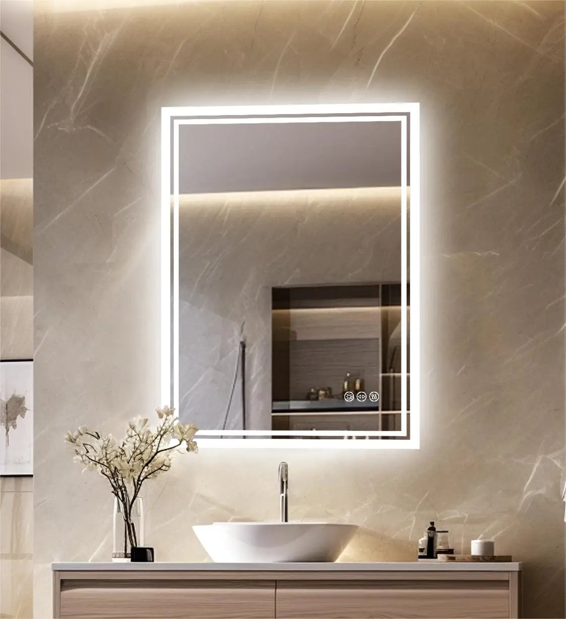 LED Light Bathroom Mirror Illuminated Wall Mounted Vanity Makeup Anti-Fog Rectangle 3 Colors Touch Light