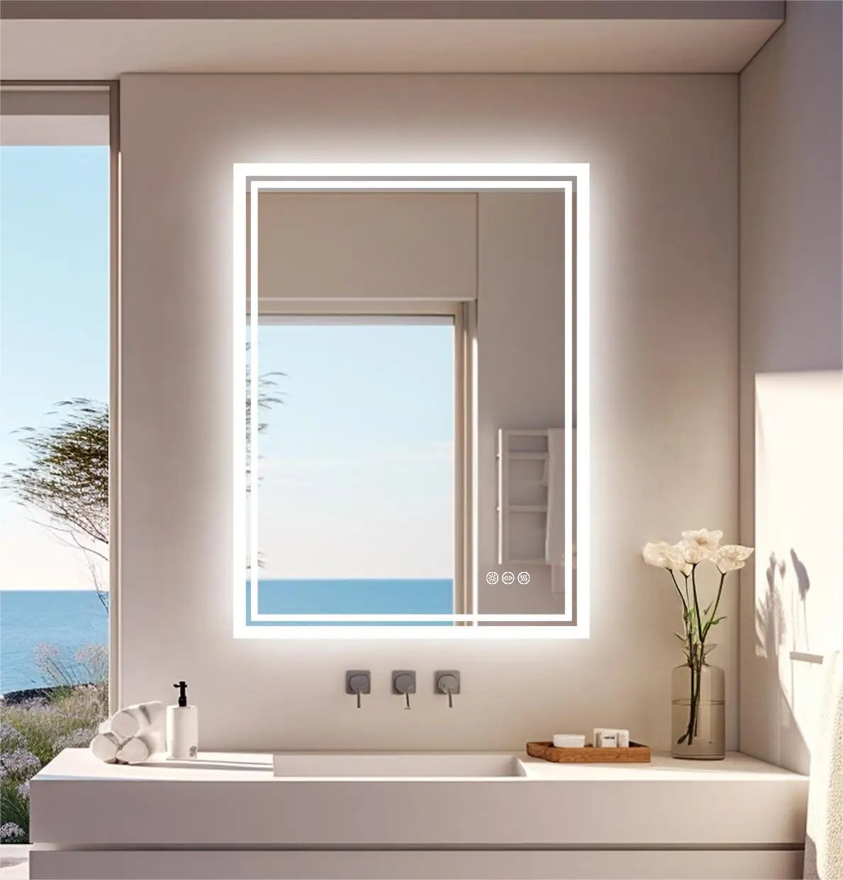 LED Light Bathroom Mirror Illuminated Wall Mounted Vanity Makeup Anti-Fog Rectangle 3 Colors Touch Light