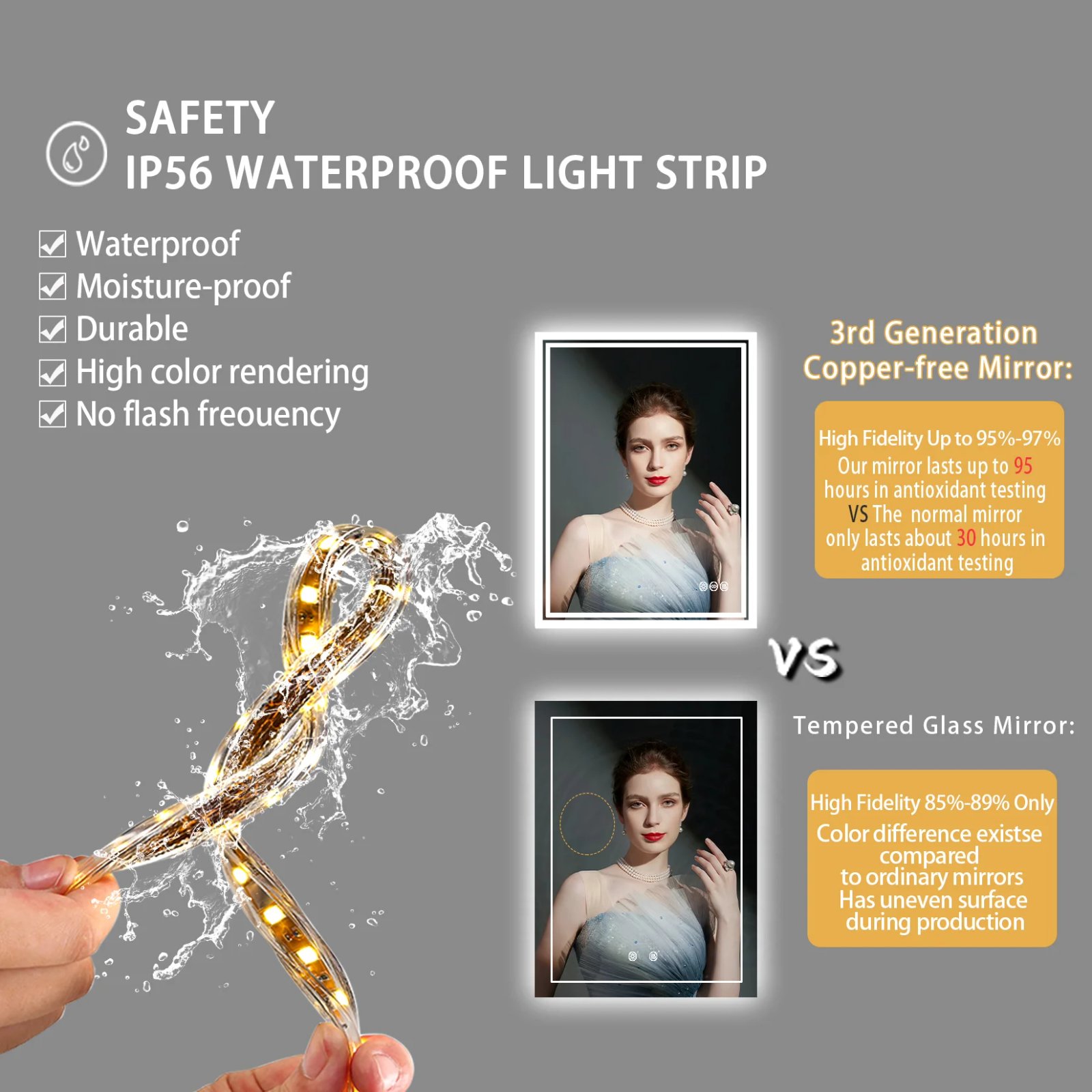 LED Light Bathroom Mirror Illuminated Wall Mounted Vanity Makeup Anti-Fog Rectangle 3 Colors Touch Light