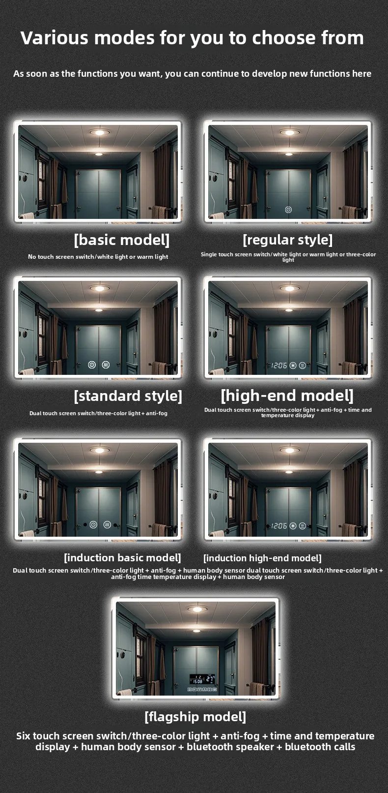 Bathroom Smart Mirror Toilet Toilet Toilet Mirror LED Light Mirror Makeup Defogging Human Body Induction Touch Screen Smart